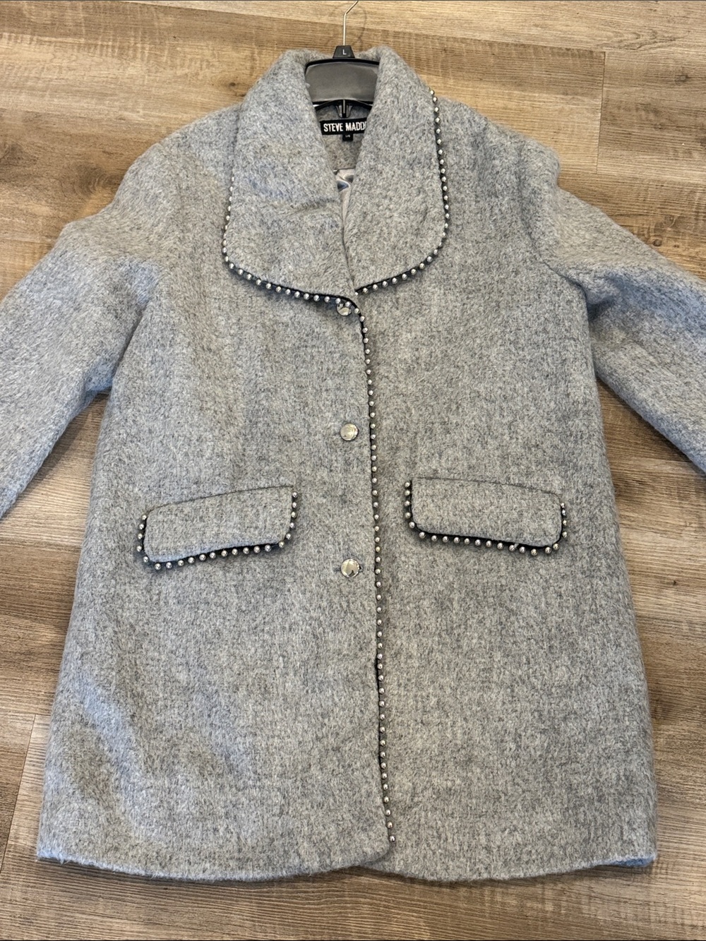 Steve Madden Women’s Light Gray Stud-Trim Wool-Blend Pea Coat